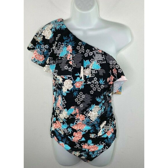 Swim Solutions $98 One Shoulder Floral One-Piece Swimsuit Size 12 - Picture 3 of 7